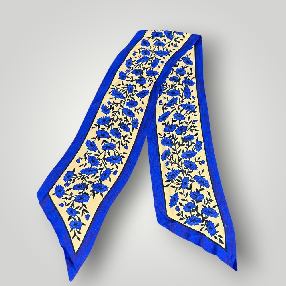 Blue Floral Skinny Scarf Cream Botanical Print Silky Neck Tie Hair Ribbon